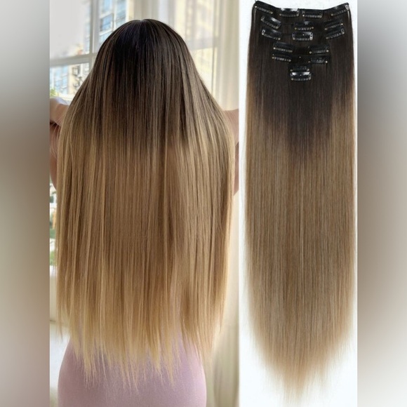 24 Inch Ombre  Clip in Hair Extensions Brown to Light Blonde  in Straight - Picture 1 of 9
